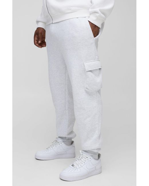 BoohooMAN White 330gsm Plus Skinny Fit Cargo Joggers In Grey Marl for men