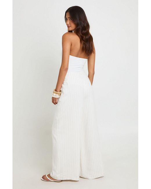 Boohoo White Stripe Linen Look Pleated Wide Leg Tailored Trousers