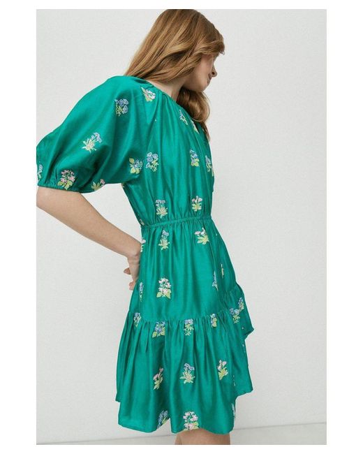 Warehouse Green Embroidery Puff Sleeve Mini Dress Lyocell