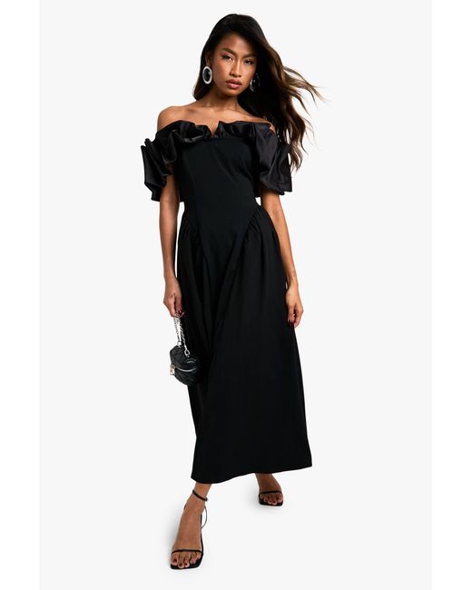 Boohoo Black Extreme Taffeta Ruffle Bardot Structured Midaxi Skater Dress