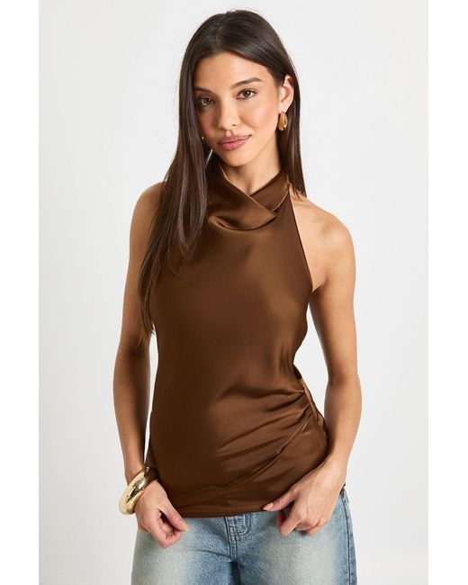 Boohoo Brown Satin High Cowl Neck Cami Top