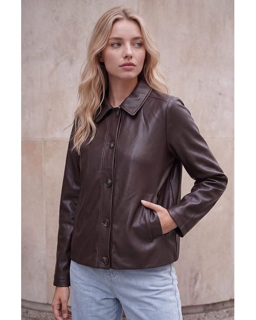 Roman Brown Petite Faux Leather Button Jacket