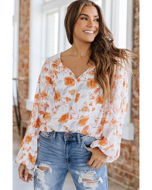 Everyday the Label Brown Tassel Tie V Neck Bubble Sleeve Floral Blouse