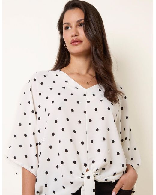 Blue Vanilla White Polka Dot Knot Front Top