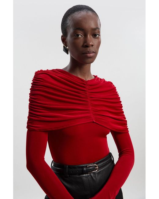Karen Millen Red Drapey Crepe Detail Flare Sleeve Bodysuit
