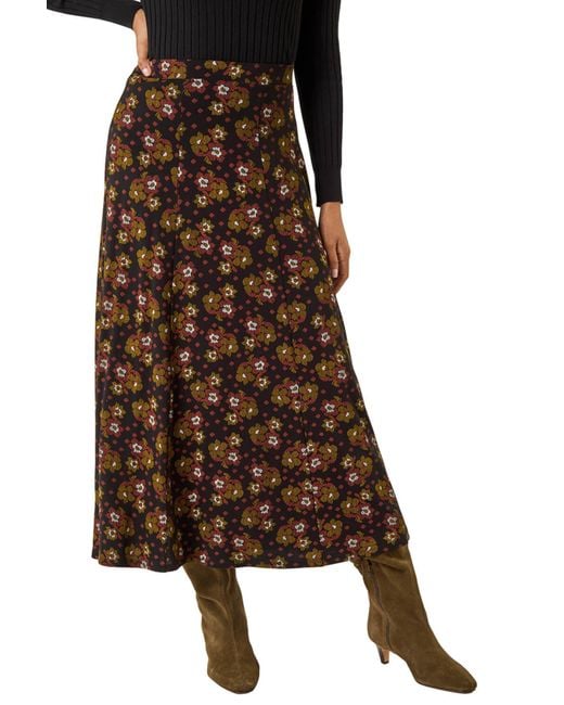 Roman Brown Floral Print Stretch Midi Skirt