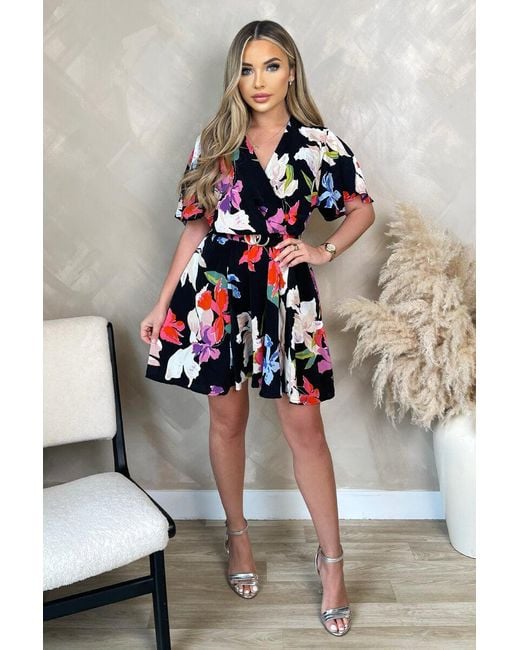 AX Paris Gray Multi Floral Printed Wrap Over Belted Skater Dress