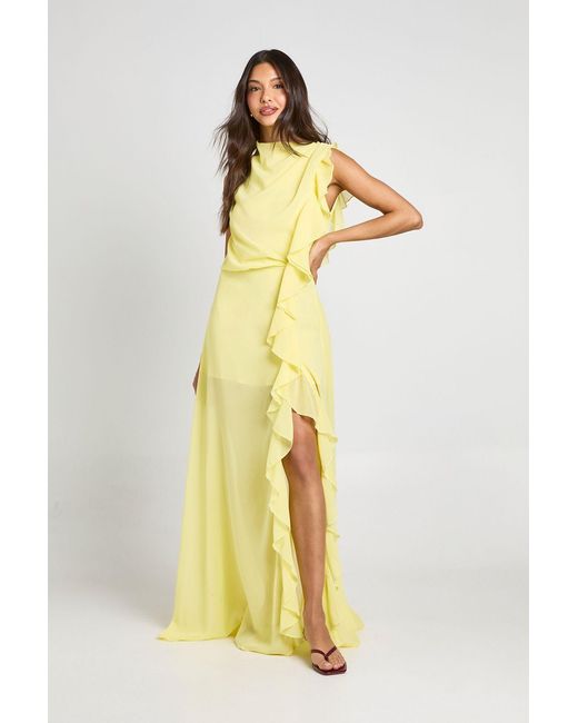 Boohoo Yellow Chiffon High Neck Ruffle Detail Maxi Dress