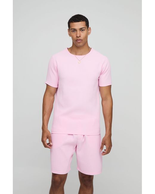 BoohooMAN Pink Slim Fit Pleated T-Shirt for men