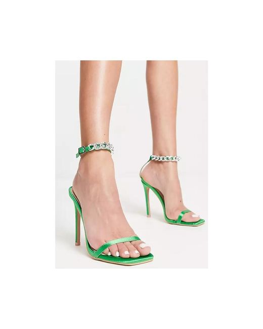 Raid White Wide Fit Revvy Heeled Sandals With Embellished Ankle Strap In Green