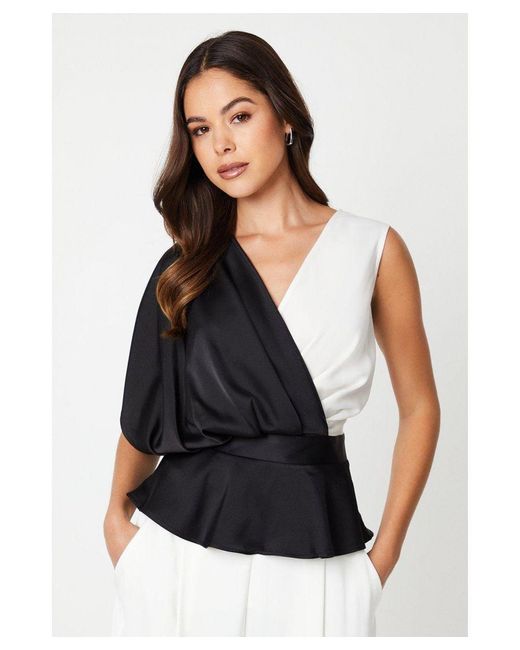 Coast Black Colour Block Satin Peplum Top