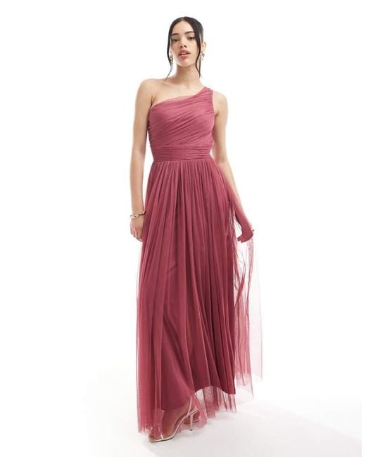 LACE & BEADS Red Bridesmaid One Shoulder Tulle Maxi Dress