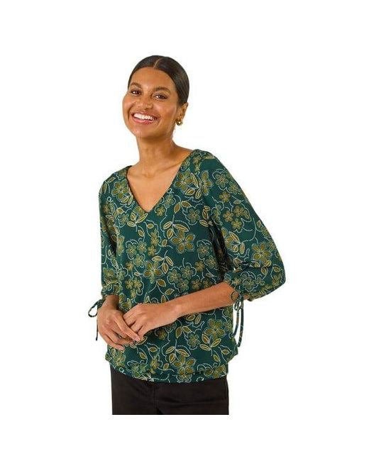 Roman Green Floral V-Neck Stretch Top