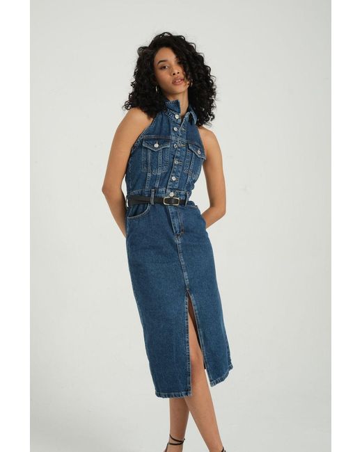 Hiccup Blue Denim Polo Collar Buttoned Front Slit Sleeveless Maxi Dress