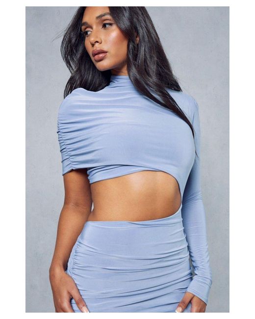 MissPap Blue Double Layer Slinky Asymmetric Long Sleeve Bodycon Dress
