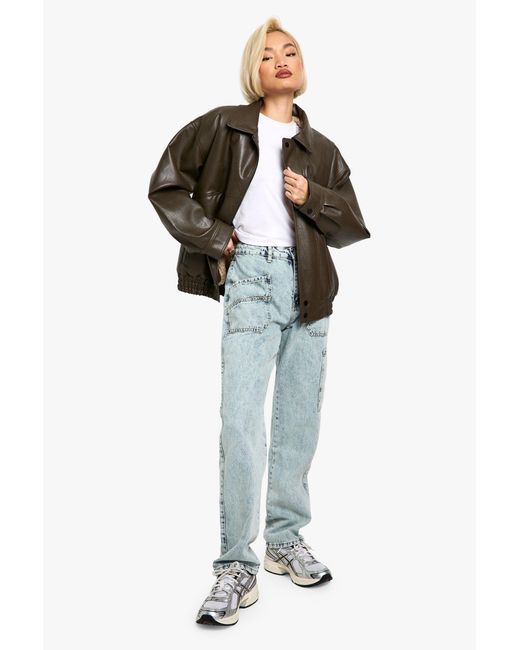 Boohoo Blue Acid Wash Cargo Straight Fit Jeans