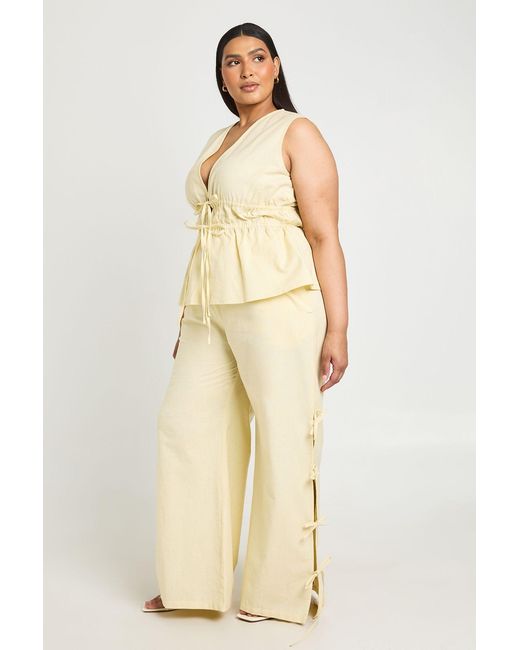 Boohoo Natural Plus Linen Look Tie Side Wide Leg Trouser