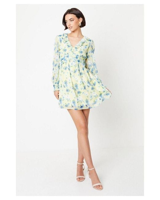 Oasis Green Floral Chiffon Frill Neckline Waisted Mini Dress