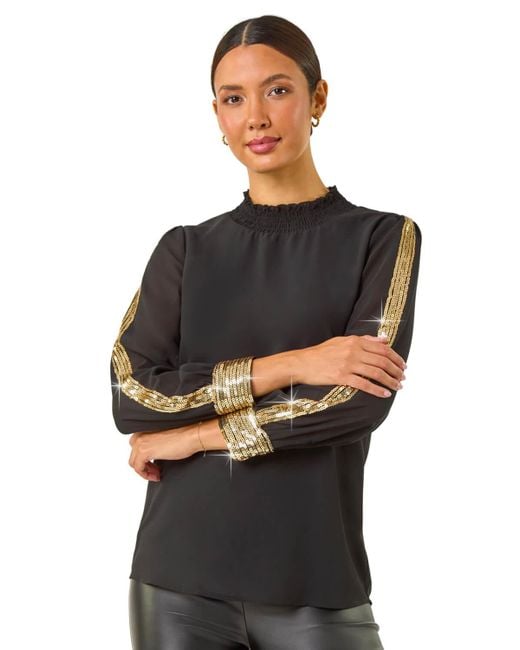 Roman Black Sequin Stripe High Neck Sleeve Top