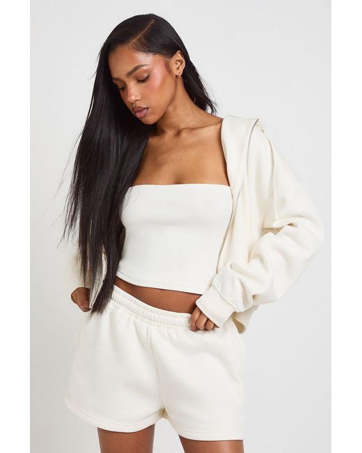 Boohoo White 3 Piece Bandeau Hooded Short Tracksuit