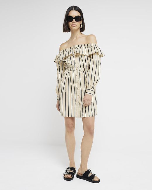 River Island Natural Yellow Stripe Bardot Smock Mini Dress