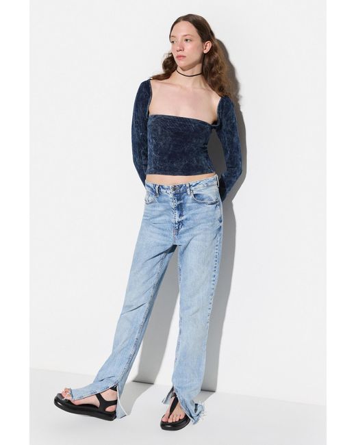 No Matter What Blue Langarm Square Neck Crop Samt Top