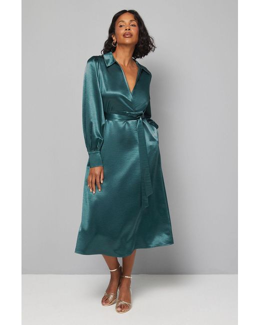 Wallis Green Satin Collared Tie Waist Midi Dress