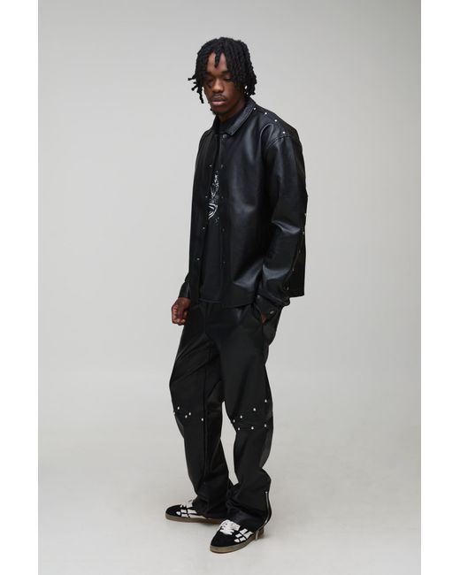 BoohooMAN Black Tall Oversized Studded Leather Look Long Sleeve Overshirt for men
