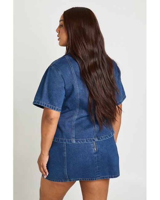 Boohoo Blue Plus Concealed Placket Cinched Denim Shirt