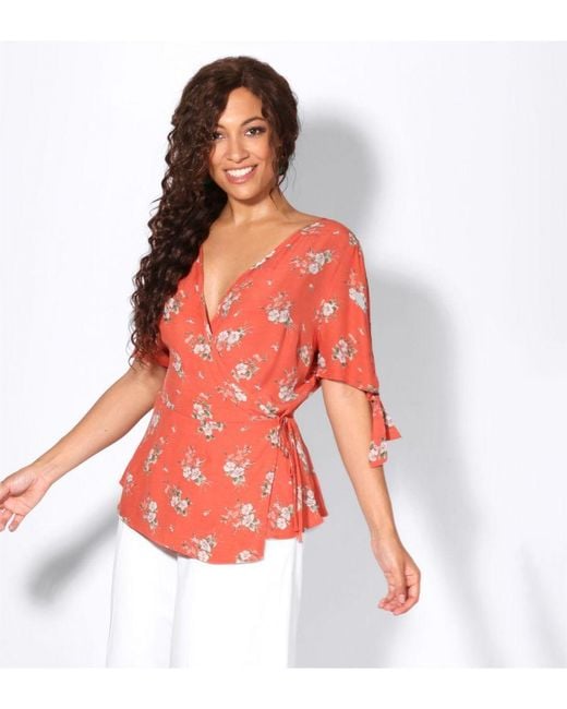 New Look Orange Tie Sleeve Floral Wrap Blouse