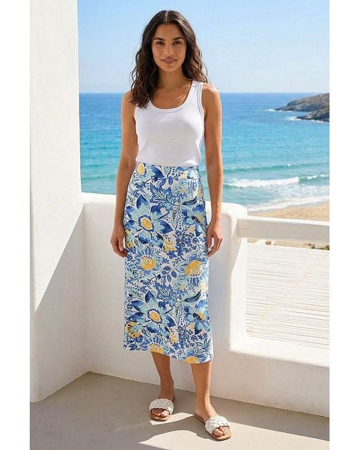 Roman Blue Floral Print Stretch Midi Skirt