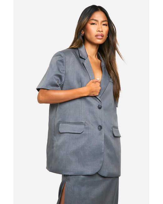 Boohoo Gray Marl Shoulder Pad Short Sleeved Oversized Longline Blazer