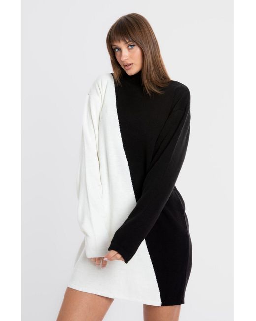 Hiccup Black Knitted Geometric High Neck Long Sleeve Mini Dress