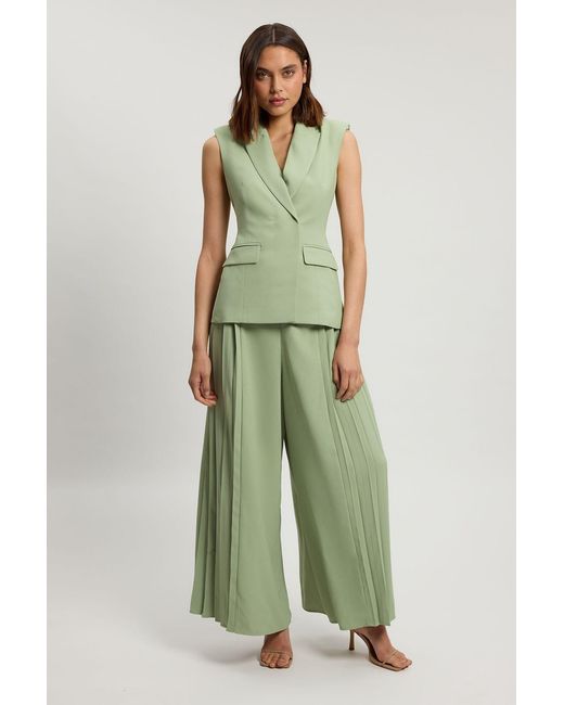 Karen Millen Green Petite Tailored Crepe Asymmetric Pleat Wide Leg Jumpsuit