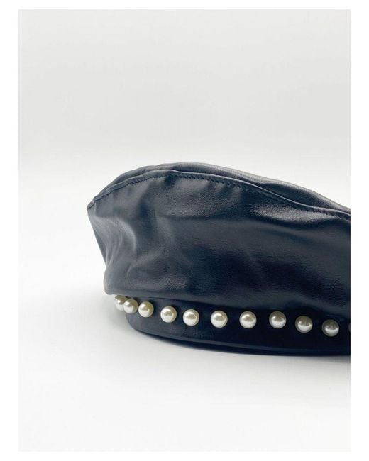 SVNX Blue Ava Pu Leather Beret With Faux Pearl Trims