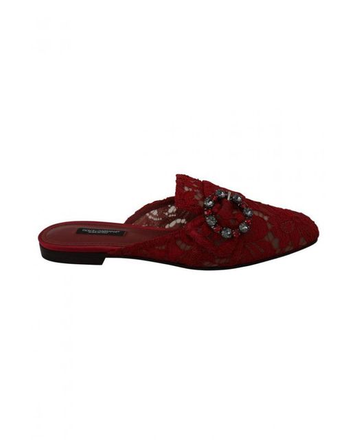 Dolce & Gabbana Red Lace Crystal Slide On Flats Shoes Rayon
