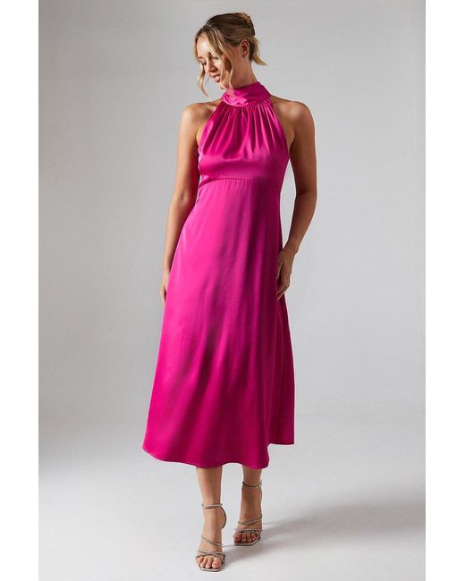 Oasis Pink Satin Halter Neck Midi Bridesmaids Dress