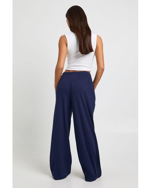 Boohoo Blue Petite Rib Wide Leg Trouser