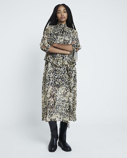 River Island White Midi Dress Leopard Print Frill