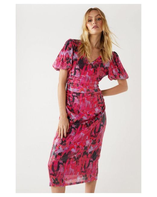 Warehouse Red Printed Sequin Puff Sleeve Ruched Midi Dress