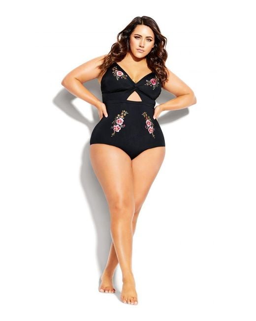 City Chic Black Plus Size Folk Floral Embroidered 1 Piece Swimsuit