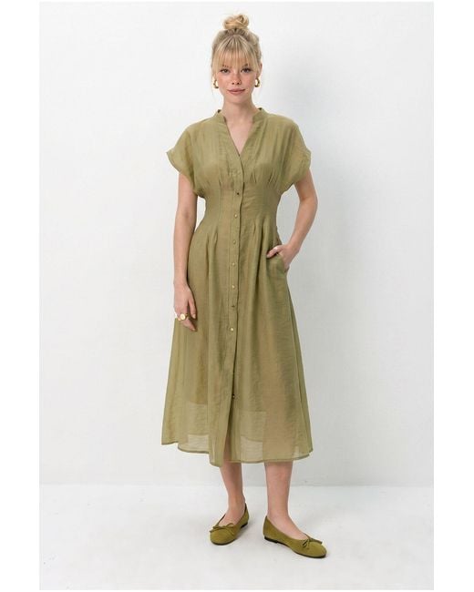Bianco Lucci Green A-Line Midi Dress With V-Neck And Buttons