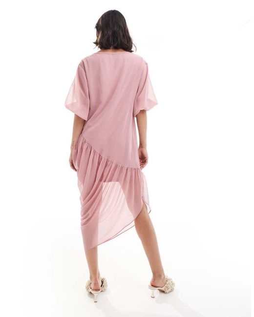 ASOS Pink Slash Neck Gathered Asym Midi Dress