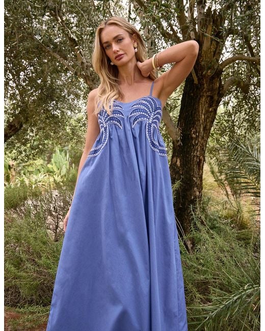 Blue Vanilla Blue Palm Tree Embroidery Smock Dress