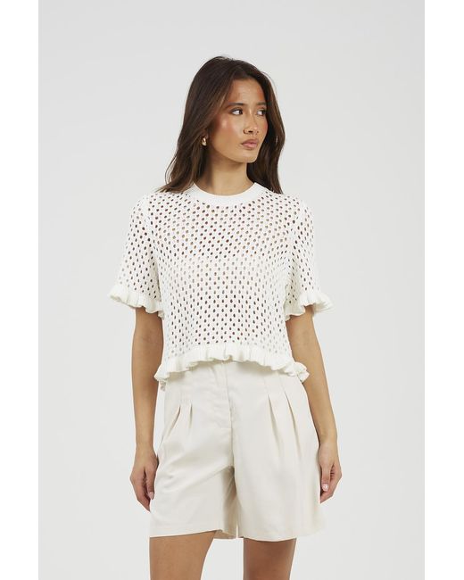 Brave Soul White Open Knit T Shirt With Frill Hem
