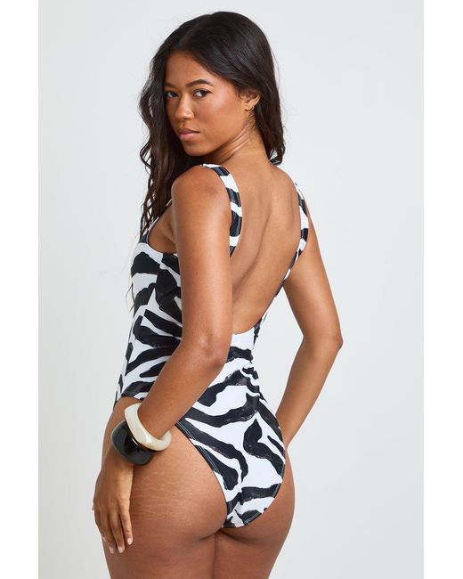 Boohoo Black Zebra Print Essentials Scoop Swimsuit
