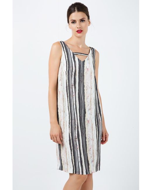 Conquista White Sleeveless Striped V Neck Dress