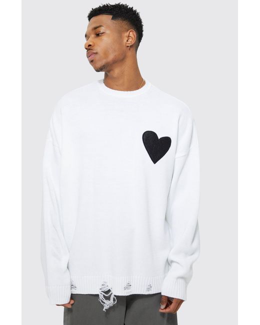 BoohooMAN White Oversized Distressed Hem And Heart Detail Jumper for men