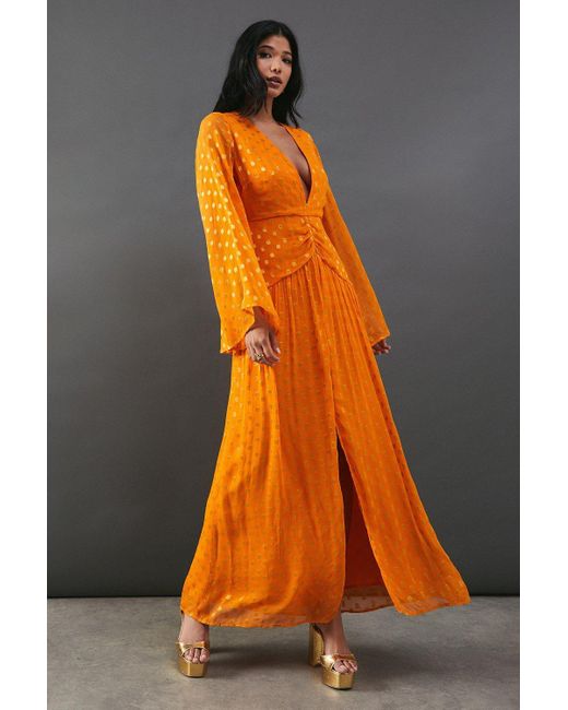 Warehouse Metallic V Plunge Kimono Sleeve Maxi Dress in Orange Lyst UK