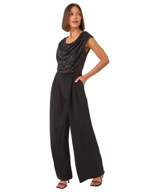 Roman Blue Sequin Bodice Cowl Neck Jumpsuit